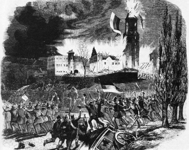 Eine Schwarz-Weiß-Zeichnung einer Gruppe von Menschen mit Fahnen, die vor einer Burg mit Bäumen, Gebäuden und Feuer im Hintergrund stehen, beschriftet mit "Die Schlacht von Leipzig", mit einem Fahrzeug im Vordergrund.