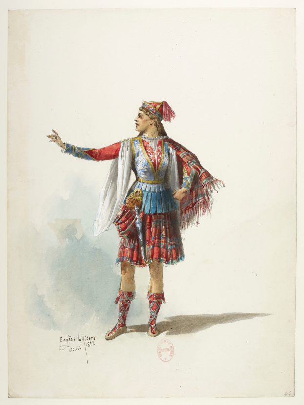 Ein Gemälde eines Mannes in einem farbenfrohen, detaillierten Kostüm mit traditionellem Kilt, hohem Kragen, langen Ärmeln und vollem Rock, begleitet von beschreibendem Text auf dem Papier.