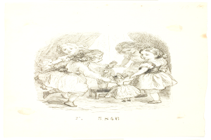 Eine Zeichnung von spielenden Kindern mit einem menschlichen Gesicht in der Mitte auf Papier mit etwas Text.