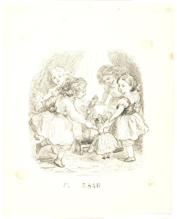 Eine Zeichnung von spielenden Kindern mit einem menschlichen Gesicht in der Mitte auf Papier mit etwas Text.