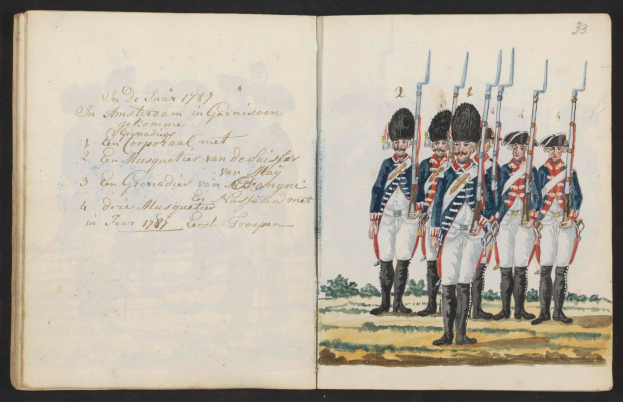 Ein aufgeschlagenes Buch mit einer Zeichnung von uniformierten Männern mit Waffen, mit Text auf der linken Seite, der '1837-1838 - die niederländische Armee in Garmisch-Partenkirchen' lautet, vor einem schwarzen Hintergrund.