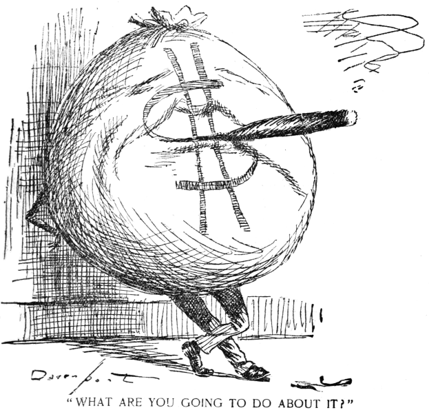 Ein Mann im Anzug und Krawatte trägt einen großen Geldsack auf dem Rücken und hat einen entschlossenen Gesichtsausdruck, mit dem Text 'Was wirst du dagegen tun?' unten.