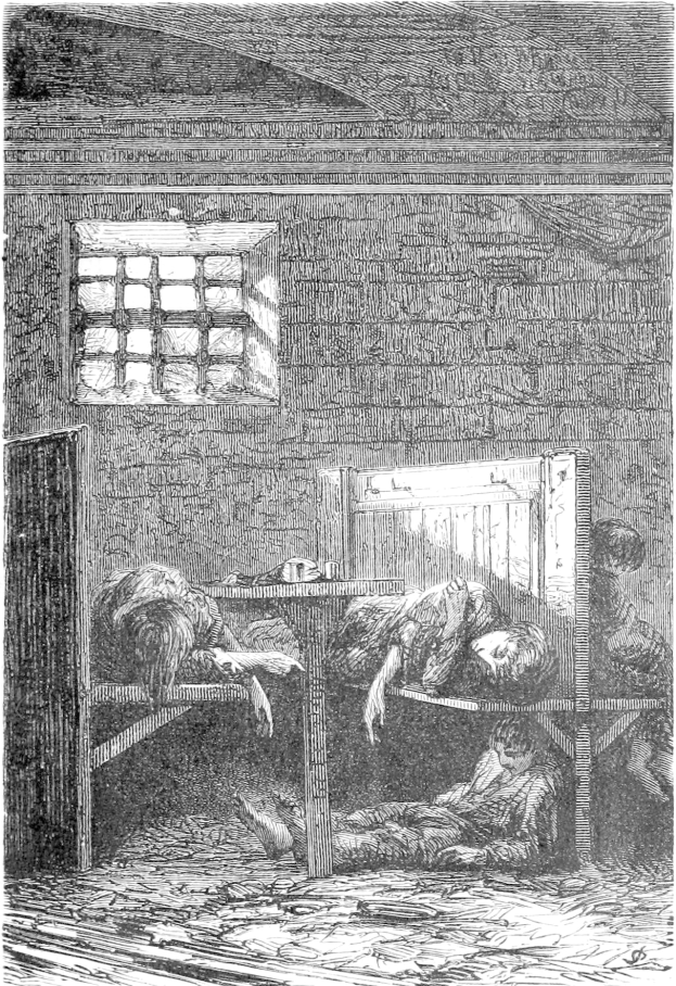 Schwarz-weiß-Illustration von mehreren Menschen in einem Gefängnis-Schlafzimmer, einige liegen auf Betten und andere stehen, mit einer Wand und einem Fenster im Hintergrund.