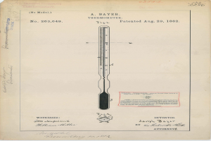 Altes Buch mit einer Zeichnung eines Thermometers, das "Bayer Thermometer Patent No. 263,649" auf seinem Cover trägt.