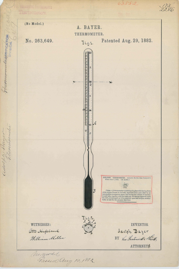 Altes Buch mit einer Zeichnung eines Thermometers, das "Bayer Thermometer Patent No. 263,649" auf seinem Cover trägt.