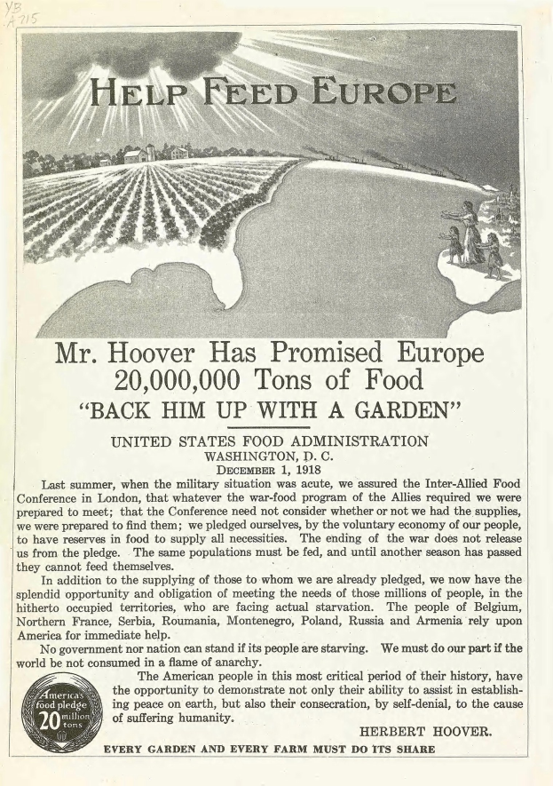 Ein Plakat mit einem Porträt von Herrn Hoover und Text, der verspricht, Europa zu helfen.