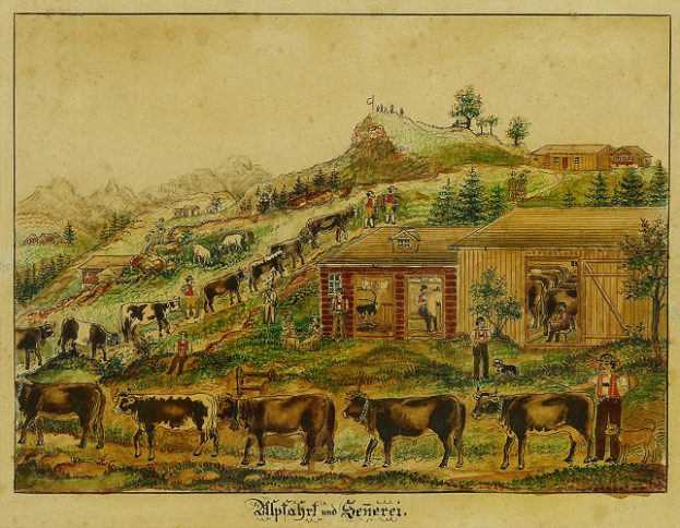 Ein Gemälde, das eine Farmszene mit Kühen zeigt, die im Vordergrund grasen, umgeben von Häusern, Bäumen, Hügeln und Menschen, mit Text am unteren Rand.