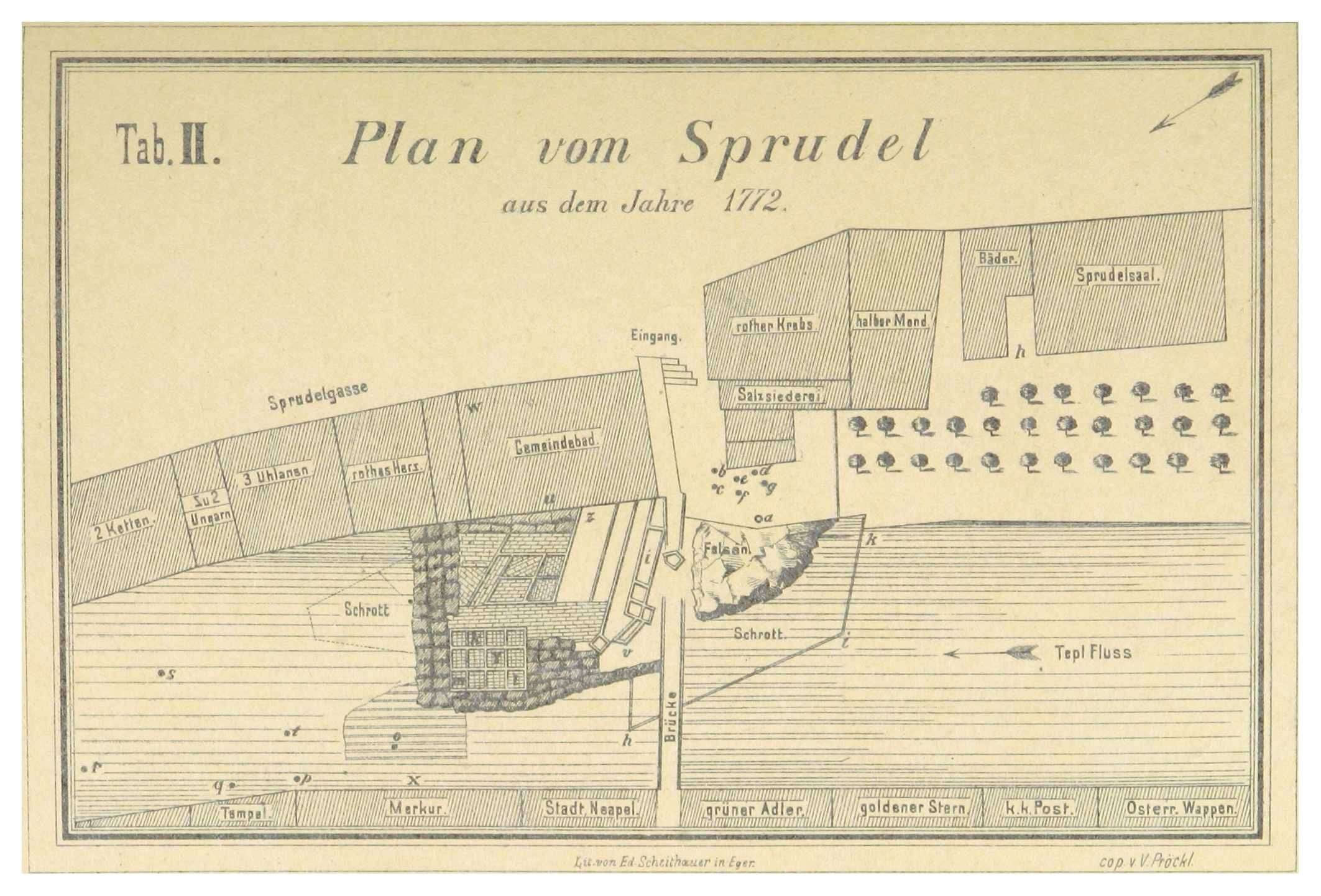 Ein Plakat mit einem detaillierten Stadtplan von Spruidel, Deutschland, begleitet von beschreibendem Text.
