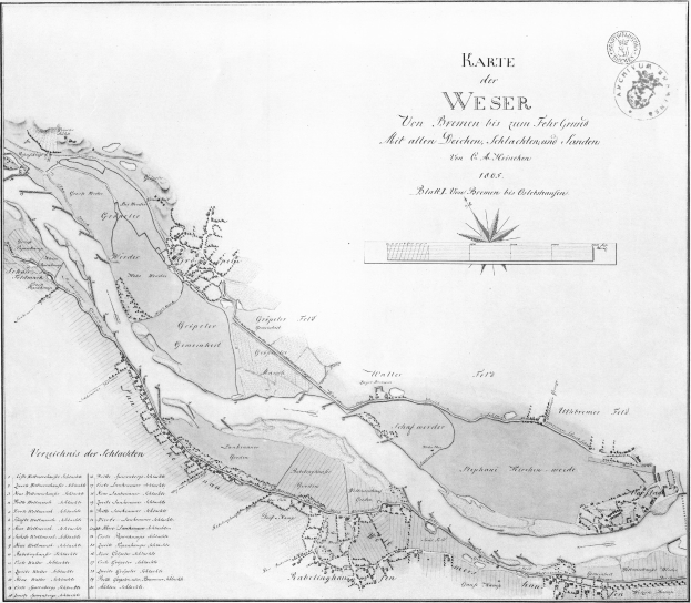 Eine Schwarz-Weiß-Karte von Weser, Deutschland, mit Text, der einen Überblick über das Gebiet gibt.