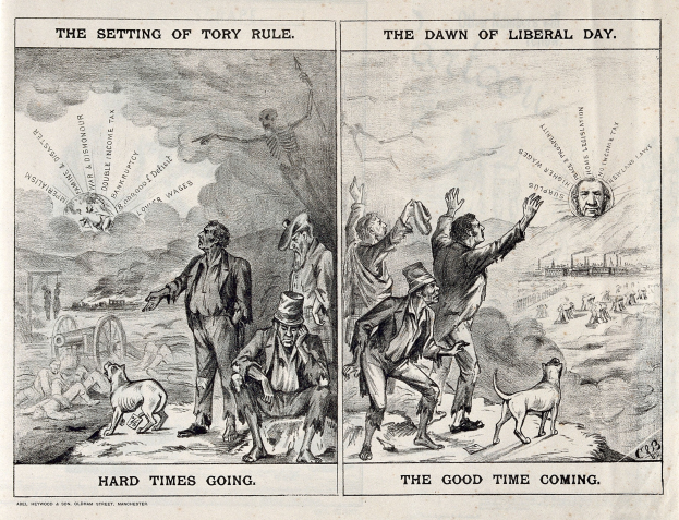 Schwarze und weiße Illustration, die den Übergang von Tory-Regelung zu liberaler Regierung zeigt, mit mehreren Menschen, Tieren und Objekten.