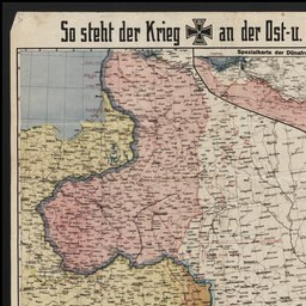 Ein gerahmtes Deutschland-Karte mit der Überschrift "So Steht der Krieg an der Ost-U" darüber.