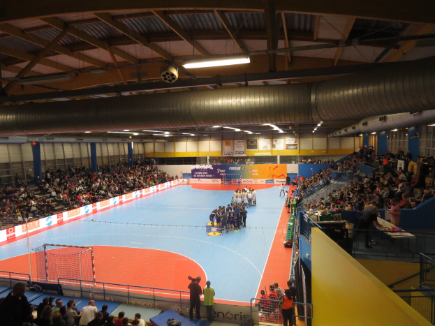 Große Halle mit Zuschauern bei einem Handballspiel, mit Sitzplätzen und Stehplätzen, einem Netz auf der linken Seite, Anzeigetafeln im Hintergrund und Beleuchtung und Rohren an der Decke.