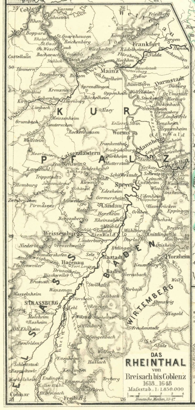 Alte Karte des Rheins in Deutschland, die detaillierte Flüsse, Städte und geografische Merkmale mit Text oben und unten zeigt.