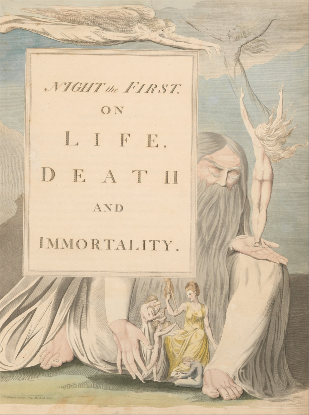 Ein Plakat mit einer leuchtenden Darstellung von Menschen, die in einem Kreis unter einem hellen Licht stehen, mit der Überschrift "Night the First on Life, Death and Immortality."