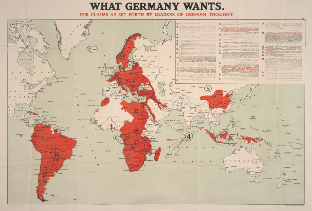 Ein Plakat mit einer bunten Weltkarte in Blau-, Grün- und Gelbtönen, begleitet von fetter Schrift, die "Was Deutschland will" lautet.