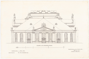 Eine detaillierte Zeichnung der Schlosshof-Gebäudefassade in Dresden, Deutschland, mit zahlreichen Fenstern und Statuen, gezeichnet auf Papier mit begleitendem Text.