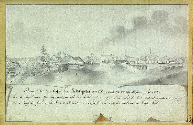 Ein altes Dokument mit einer Zeichnung einer Stadtlandschaft, die die Belagerung von Dresden im Jahr 1803 zeigt, mit Text, der die Ereignisse der Belagerung beschreibt.