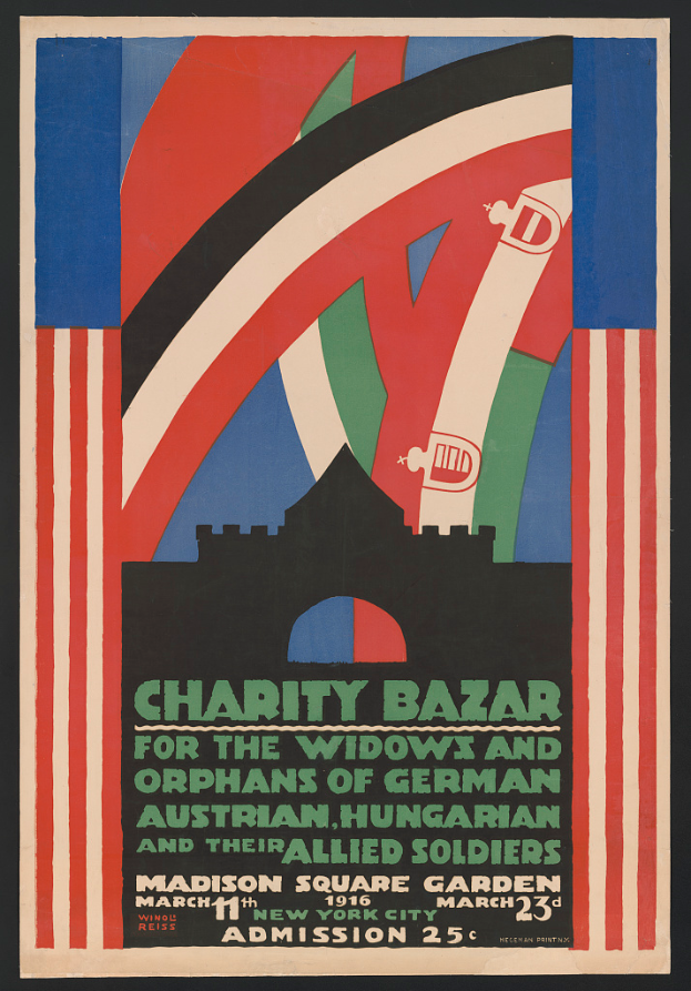 Ein Plakat für einen Wohltätigkeitsbasar zugunsten der Witwen und Waisen von Soldaten verschiedener Nationen, mit Text zu den Veranstaltung Details.