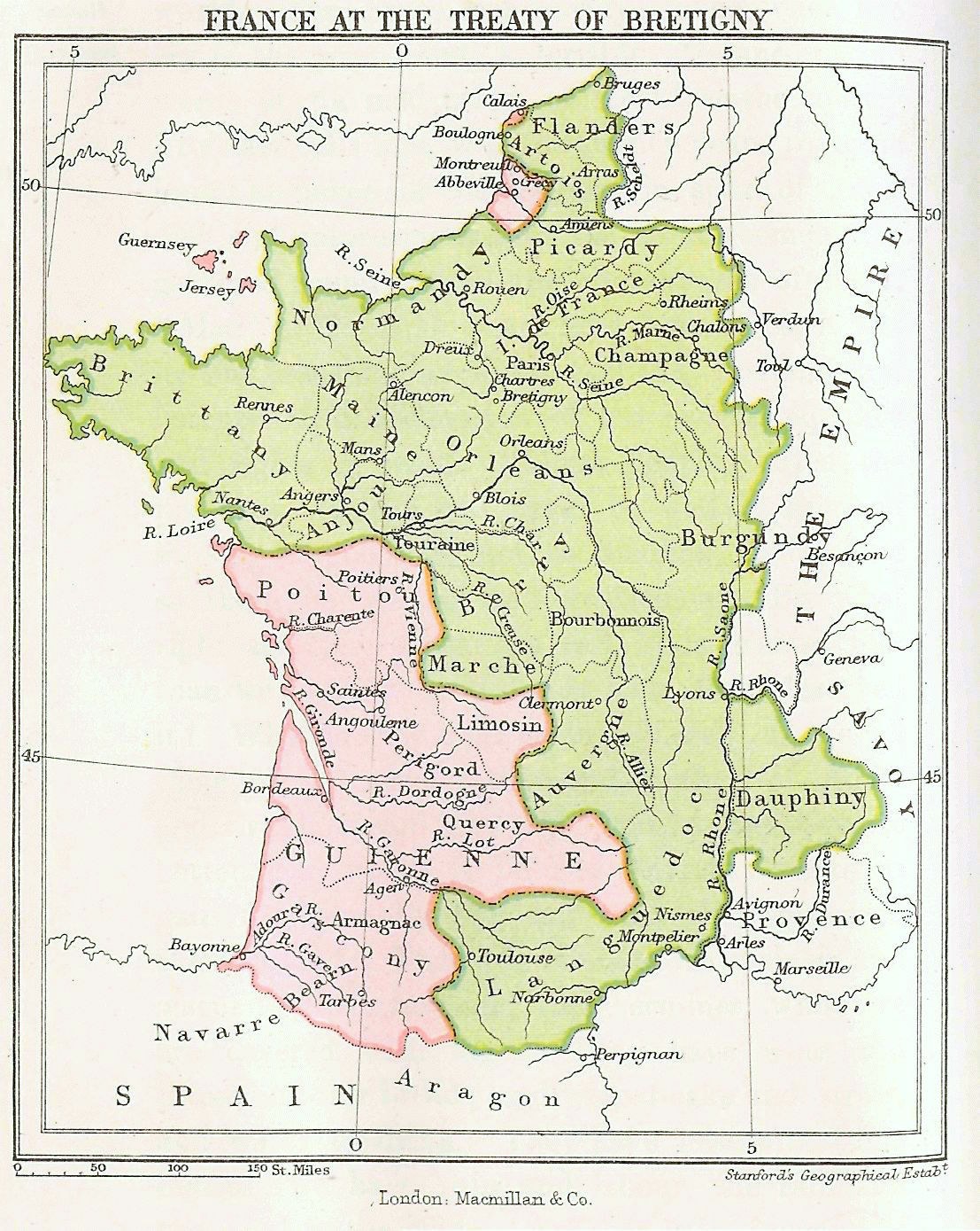 Detailierte Karte von Frankreich aus dem Vertrag von Brétigny, die Provinzen und Städte zeigt und von erklärendem Text begleitet wird.