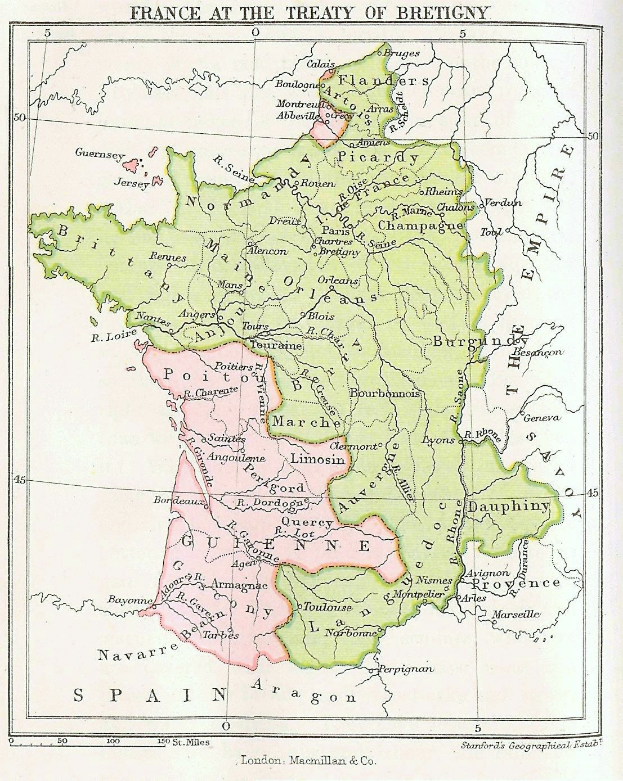 Detailierte Karte von Frankreich aus dem Vertrag von Brétigny, die Provinzen und Städte zeigt und von erklärendem Text begleitet wird.