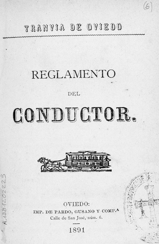 Ein altes Buchdeckblatt mit einer Zugzeichnung, Text 'Reglamento de Conductor' und einem Stempel auf der rechten Seite.