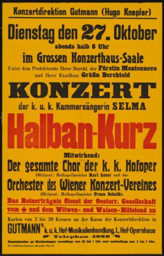 Ein gelbes Plakat wirbt für ein Konzert in Berlin, Deutschland, mit der Aufschrift "Konzert Halban-Kurz".