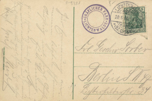 Alte Postkarte mit einer Briefmarke, die "Lichtenwald, Deutschland - Einschreiben nach Deutschland" trägt, mit handgeschriebener Text und zwei zusätzlichen Briefmarken in der oberen rechten Ecke.