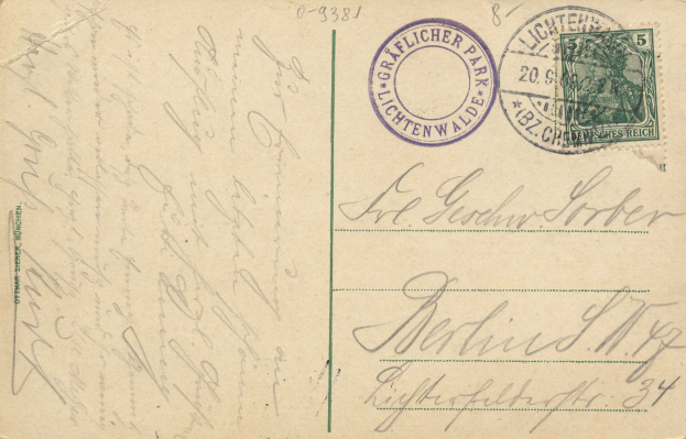 Alte Postkarte mit einer Briefmarke, die "Lichtenwald, Deutschland - Einschreiben nach Deutschland" trägt, mit handgeschriebener Text und zwei zusätzlichen Briefmarken in der oberen rechten Ecke.