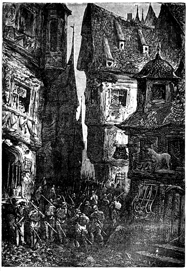 Eine Schwarz-Weiß-Zeichnung einer Straßenszene mit einer Gruppe von Menschen im Vordergrund, Gebäuden im Hintergrund und dem Text "Die Schlacht von Stuttgart" unten.