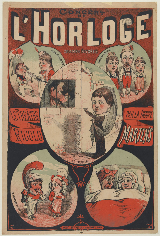 Plakat für ein Konzert im Chorloge-Theater in Paris, das eine Gruppe von Menschen in bunten Kostümen zeigt.