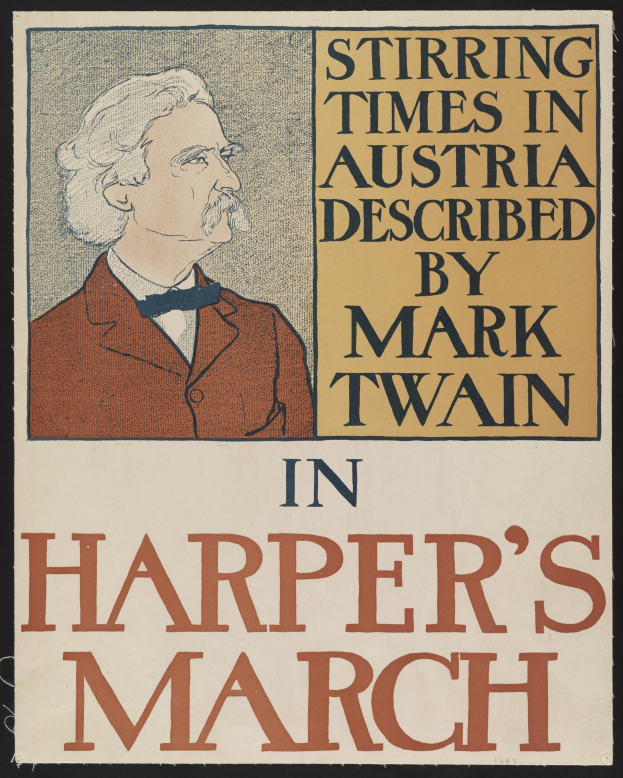 Ein Plakat mit einer Person in Anzug und Krawatte mit ernstem Gesichtsausdruck und der Aufschrift 'Bewegte Zeiten in Österreich beschrieben von Mark Twain in Harper's März' in fetter Schrift auf einem hellblauen Hintergrund.