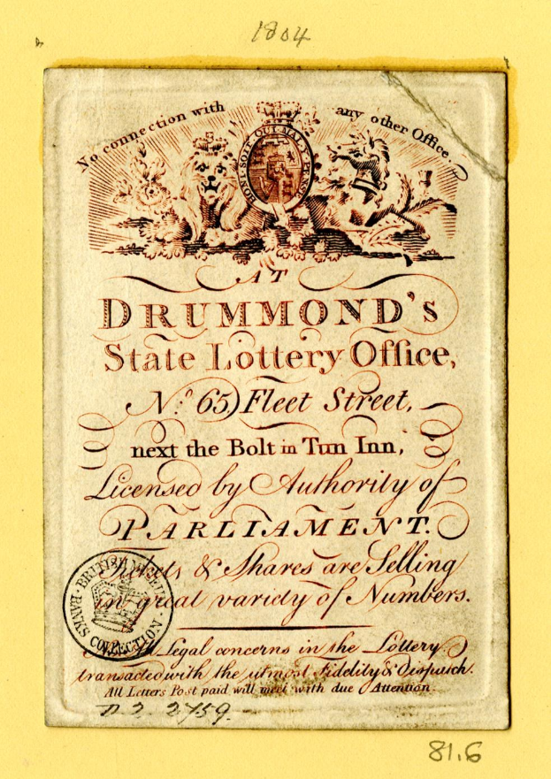 Ein vergilbtes altes Buch mit einem Stempel auf dem Cover, der den Text 'Drummond's State Lottery Office' zeigt.