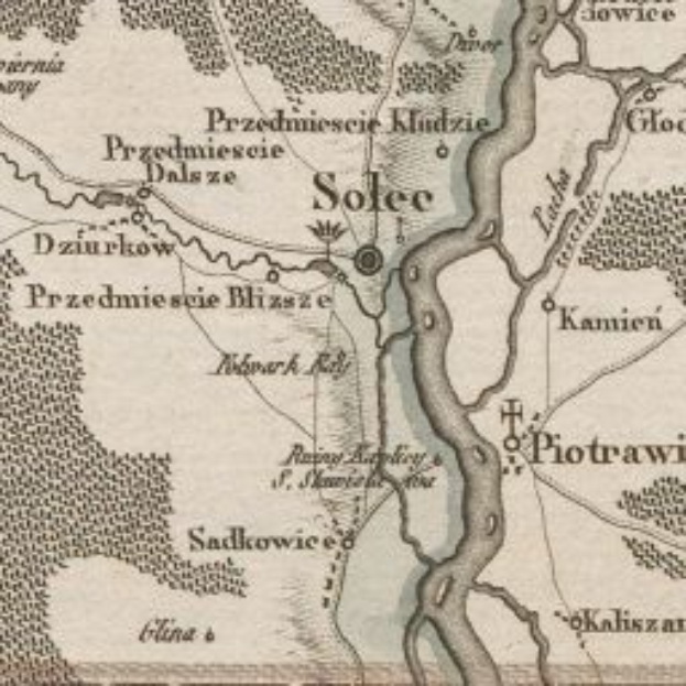 Ein detaillierter alter Stadtplan von Solce, Polen, der einen Fluss durch die Stadt zeigt, mit Texten, die die Bevölkerung, Straßen und Sehenswürdigkeiten beschreiben.