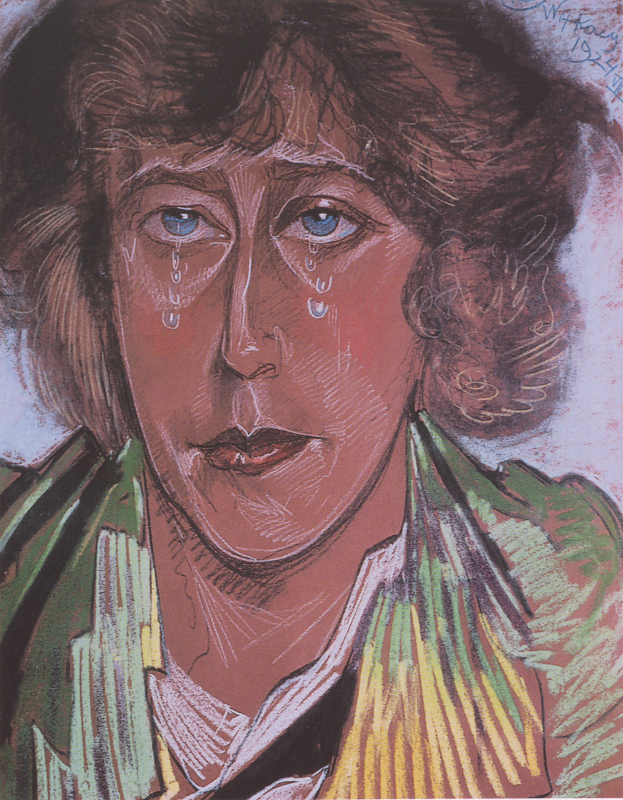 Ein Bild einer traurigen Frau mit Tränen auf den Wangen, deren Blick gesenkt ist und die Hände gefaltet hat, vor einem gedämpften Farbton von Blauen, Grünen und Gelben.