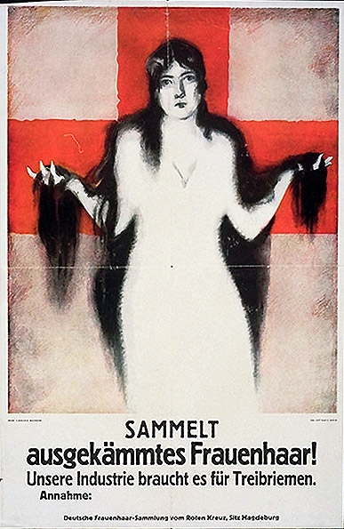 Ein deutsches Propagandaplakat mit einer Frau mit langen Haaren, auf dem wahrscheinlich Informationen über sie zu finden sind.
