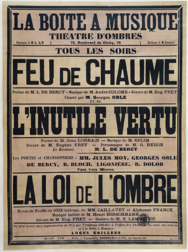 Eine alte Zeitungsanzeige für ein Musiktheater in Paris, Frankreich, mit Text, der das Theaterangebot beschreibt.