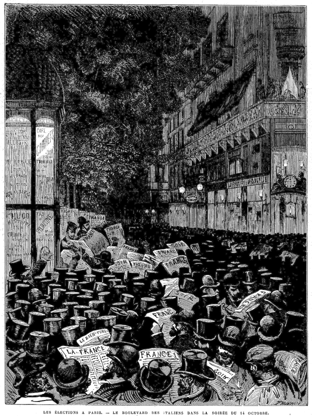 Schwarze und weiße Illustration einer belebten Stadtstraße mit einem Gebäude auf der rechten Seite und einem Baum im Hintergrund, betitelt "Les élections à Paris, le boulevard des italiens dans la soirée du 16 octobre 1885."