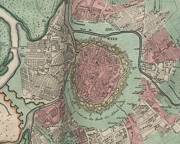 Alte Karte von Wien, Deutschland, zeigt Straßen, Gebäude und Sehenswürdigkeiten in detaillierter Darstellung.