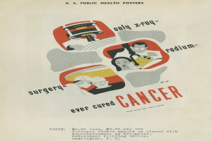 Ein Plakat mit einem Mann in einem weißen Kittel und Stethoskop vor einem hellrosa Hintergrund, mit großer weißer Schrift, die "Chirurgie Hat Krebs Jeweils Geheilt" lautet und einen entschlossenen Ausdruck zeigt.