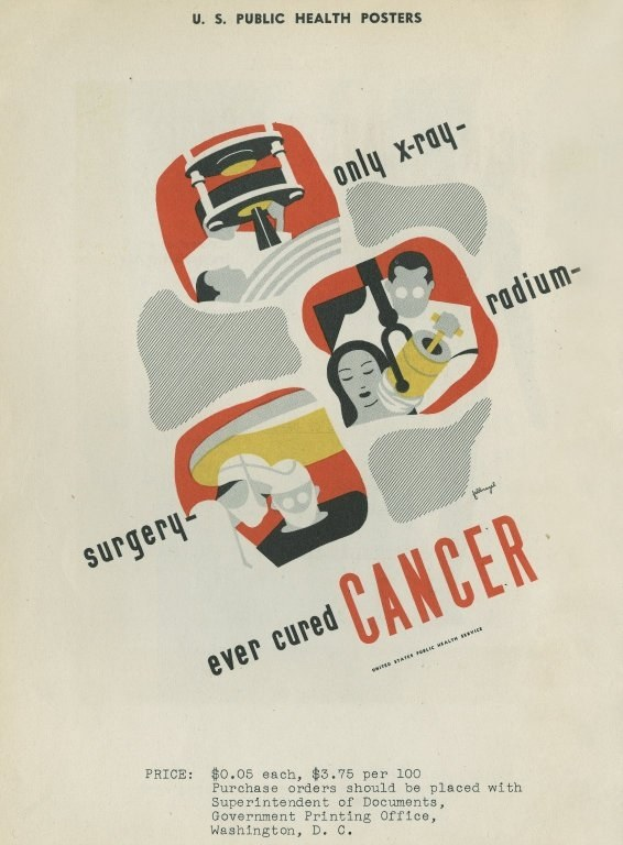 Ein Plakat mit einem Mann in einem weißen Kittel und Stethoskop vor einem hellrosa Hintergrund, mit großer weißer Schrift, die "Chirurgie Hat Krebs Jeweils Geheilt" lautet und einen entschlossenen Ausdruck zeigt.