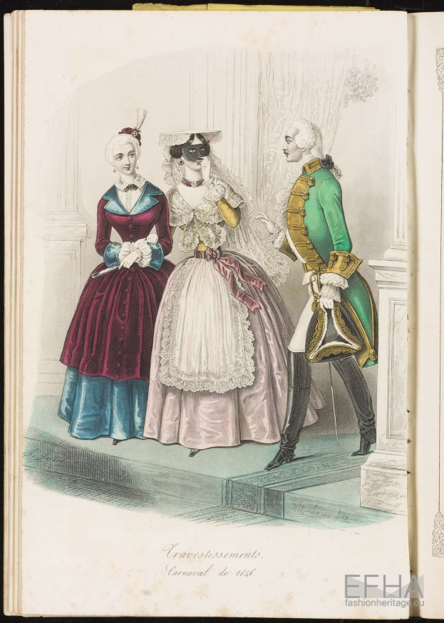 Ein aufgeschlagenes Buch mit dem Titel "Cravestissements, Karneval de 1781", das eine Zeichnung von drei Frauen in farbenfrohen, detaillierten Kleidern und einem Mann in einem grünen Anzug zeigt.