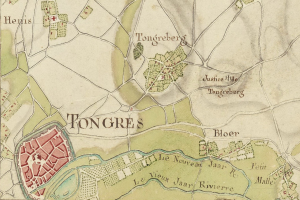 Detailierte alte Karte von Tongres Stadt mit Straßen, Gebäuden und Sehenswürdigkeiten mit Text.