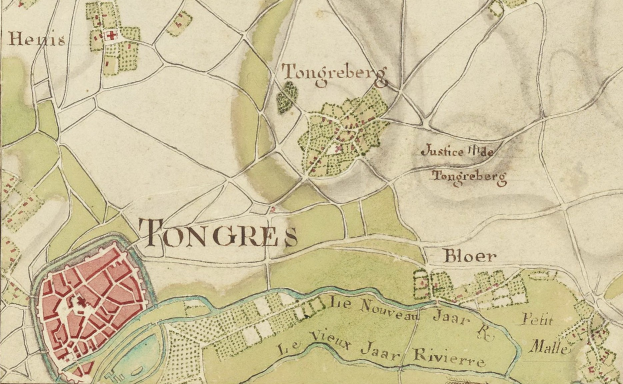 Detailierte alte Karte von Tongres Stadt mit Straßen, Gebäuden und Sehenswürdigkeiten mit Text.