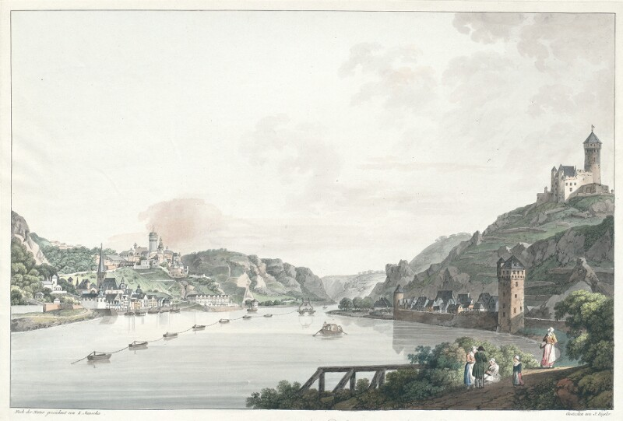 Ein Gemälde, das den Rhein in Rhine-Westphalia, Deutschland, mit Booten, einer Brücke, Menschen, Bäumen, Gebäuden, Hügeln und einem Himmel im Hintergrund zeigt.