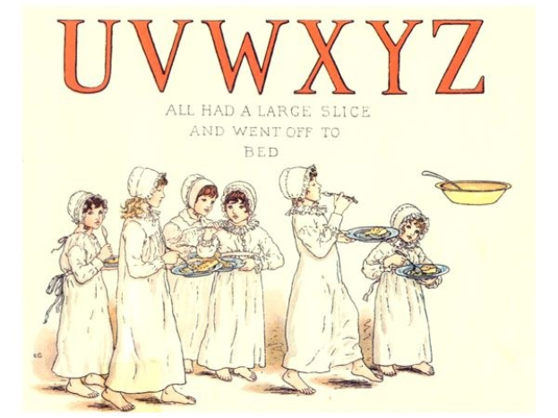 Gruppe von Menschen mit Tellern voller Essen, einer Schüssel und einem Löffel auf der rechten Seite, mit dem Text oben 'Uwxyz - Alle hatten eine große Scheibe und gingen ins Bett'.