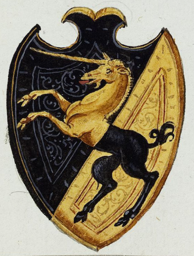 Ein Gemälde eines Einhorns auf einem Schild aus einer mittelalterlichen Handschrift, das Einhorn in majestätischer Haltung mit wallender Mähne, das Schild mit detaillierten Designs und leuchtenden Farben geschmückt.