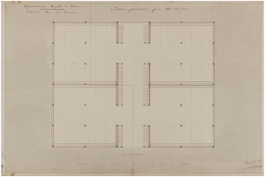 Schwarz-weiß-Zeichnung eines 18. Jahrhundert-Gebäudes erster Stock mit zahlreichen Fenstern und handschriftlichen Anmerkungen auf altem Papier.