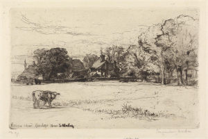 Eine Zeichnung eines Bauernhofs mit einer Kuh im Vordergrund, umgeben von Bäumen und Häusern im Hintergrund, mit Text unten, der 'Cottages near Harlep, House S. Madigan' liest.