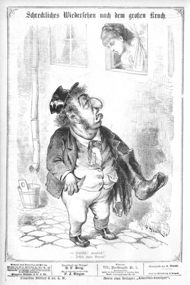 Cartoon-Illustration eines Mannes mit Zylinder und einer Frau in einem Kleid mit einer Wand, einem Fenster, einem Eimer und anderen Gegenständen im Hintergrund, mit Text unten, der lautet "F. J. Singer, der erste deutsche Politiker, der in den Kongress gewählt wurde."