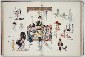 Offenes Buch mit einer Zeichnung einer vielfältigen Gruppe von Menschen auf einer flachen Oberfläche, enthaltend Bilder und Text über Mode.